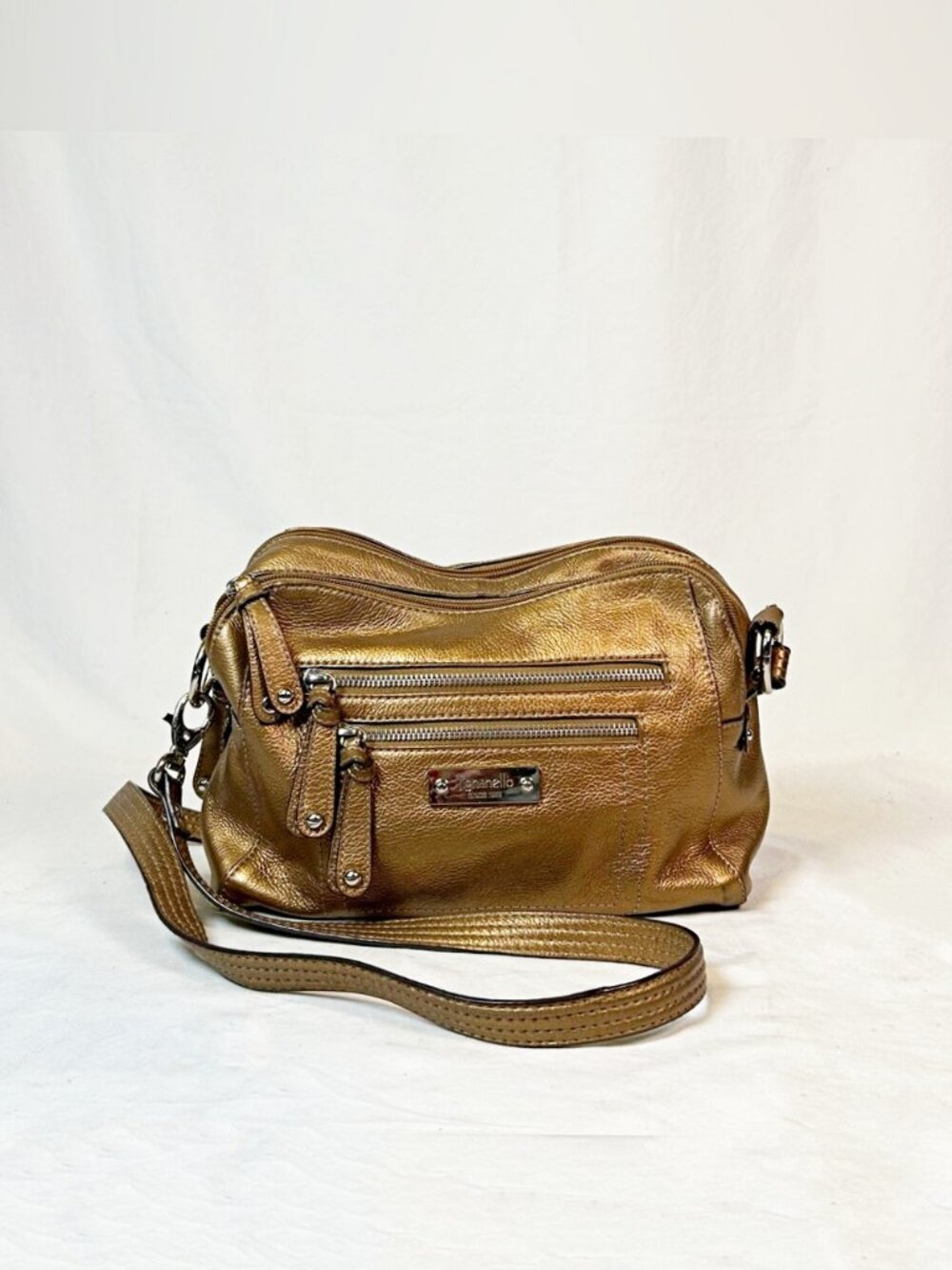 Tignanello Metallic Bronze Pebbled Leather Organizer Crossbody Bag